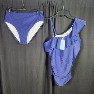 Yonique Womens Royal Blue One Shoulder Ruffle Tankini Set High Waist Size L SWIM